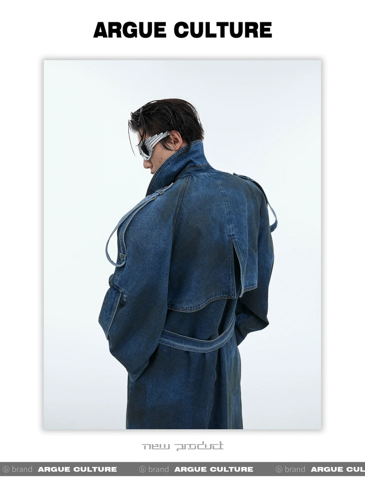 Deconstructed Oversized Denim Trench Coat ¨C Vintage Washed Outerwear - ArgueCulture