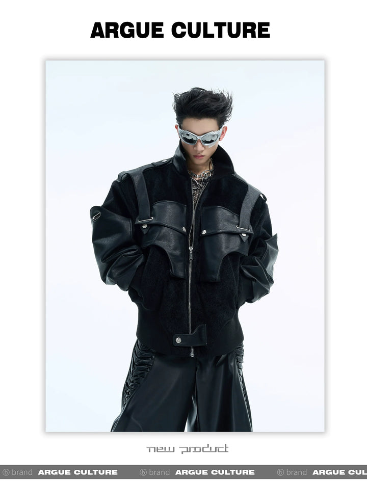 Dual-Fabric Deconstructed PU Leather & Plush Short Bomber Jacket - ArgueCulture