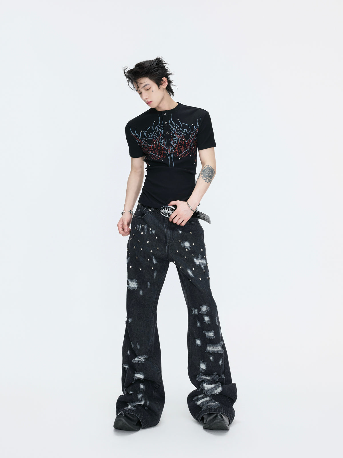 Distressed Rivet Wide-Leg Jeans - product image 3