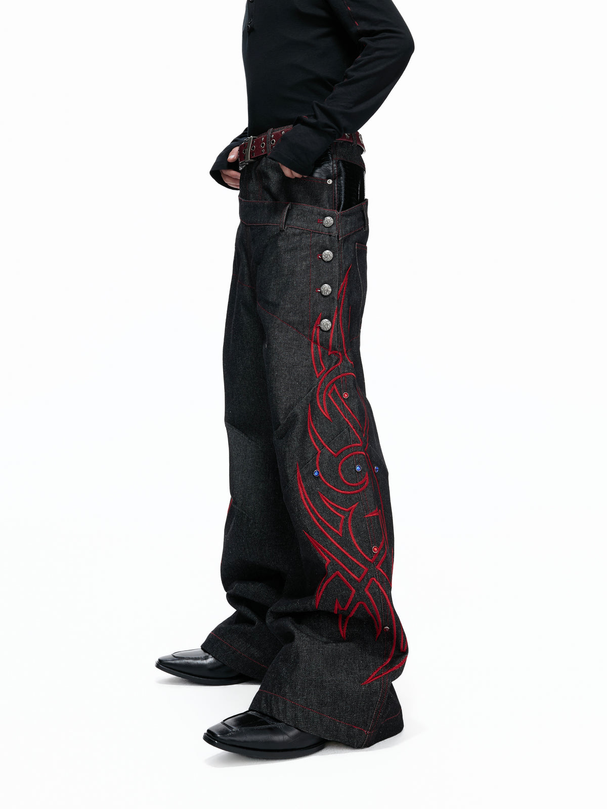 Black Red Dual-Waist Raw Denim Jeans - product image 5