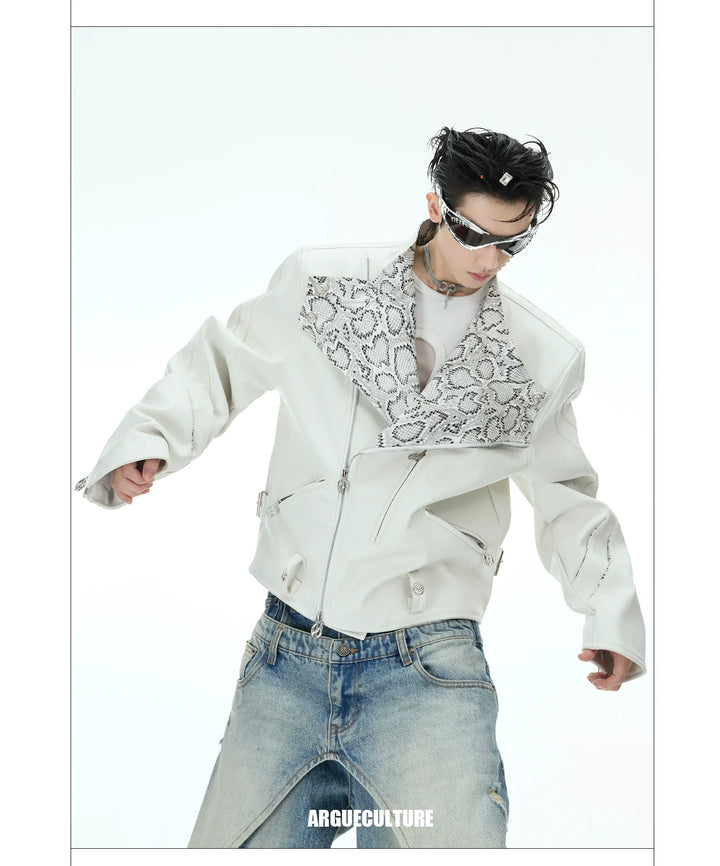 Snake Pattern PU Short Jacket with Lapel Collar and Zipper Pockets - ArgueCulture