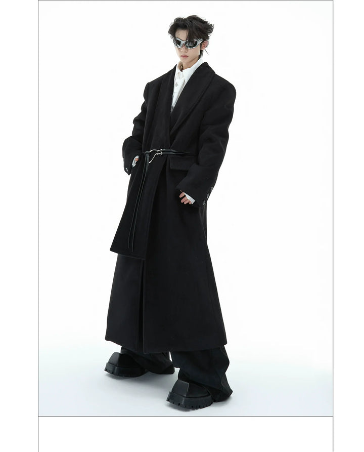 Metal Strap Wool Long Coat with Oversized Scarf Lapel - ArgueCulture