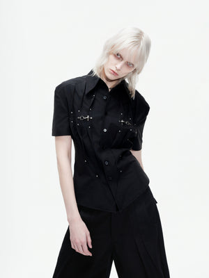 Pleated Waist-Cinched Short-Sleeve Shirt - product image 4