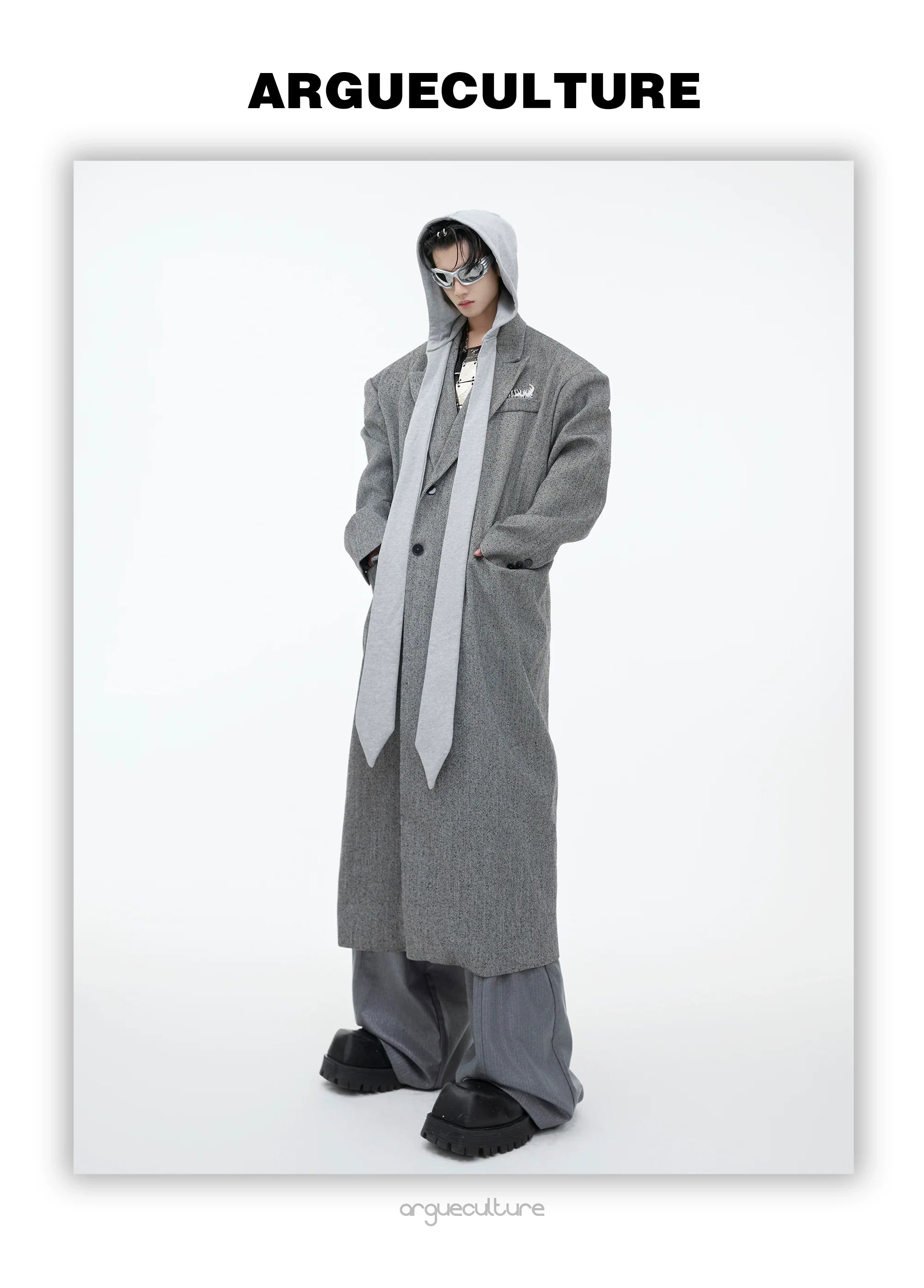 Men?¡¥s Oversized Wool Coat with Detachable Hoodie Metallic Logo Streetwear - ArgueCulture