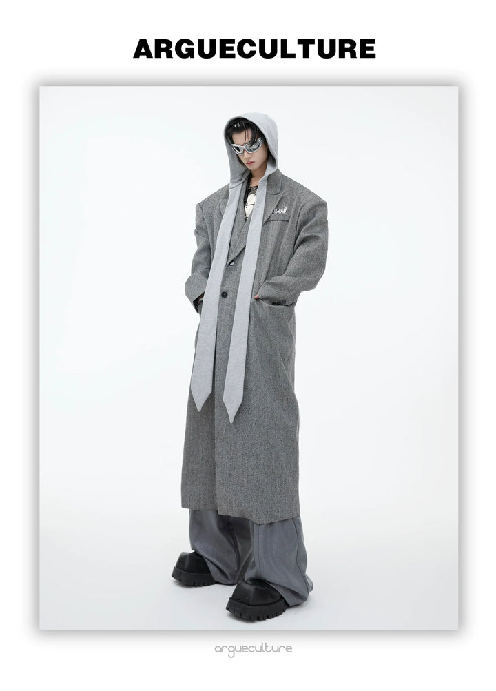 Men¡¯s Oversized Wool Coat with Detachable Hoodie Metallic Logo Streetwear - ArgueCulture