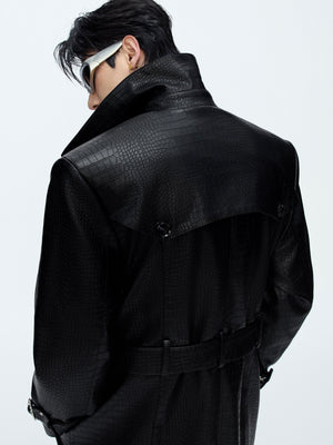 Crocodile-Texture Wide-Shoulder Trench Coat - product image 3