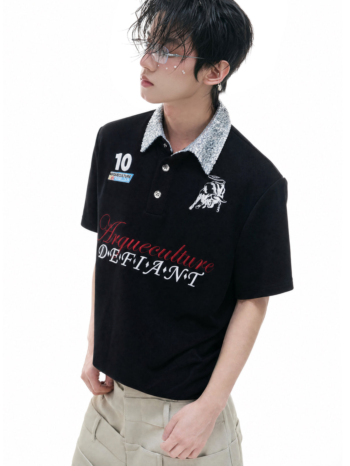 Contrast Embroidered Sequin-Collar Polo - product image 5
