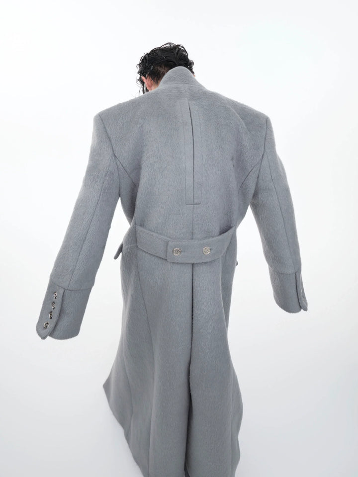 Wool Stand Collar Over Coat with Metal Buckle Accents and Four Pockets - ArgueCulture