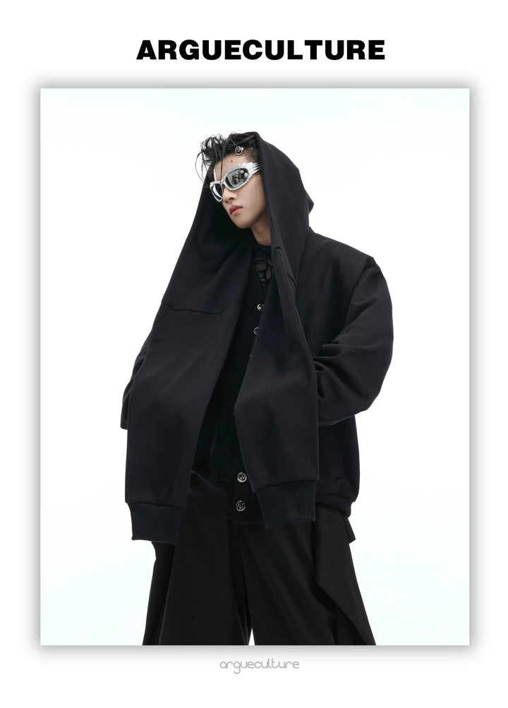 Oversized Hooded Cardigan with Detachable Shoulder Pads and Layered Design - ArgueCulture