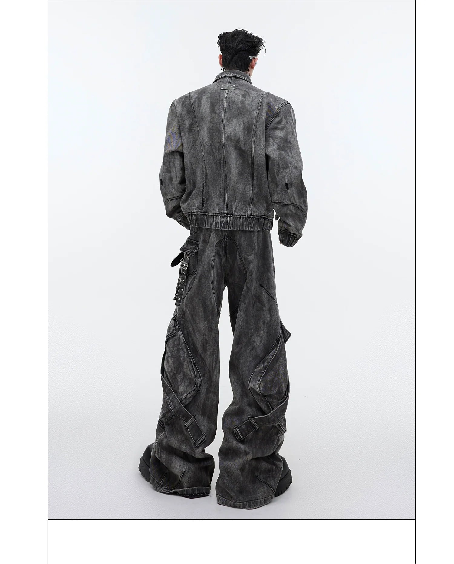 Vintage Washed Denim Jacket and Cargo Pants Set with Large Pockets - ArgueCulture