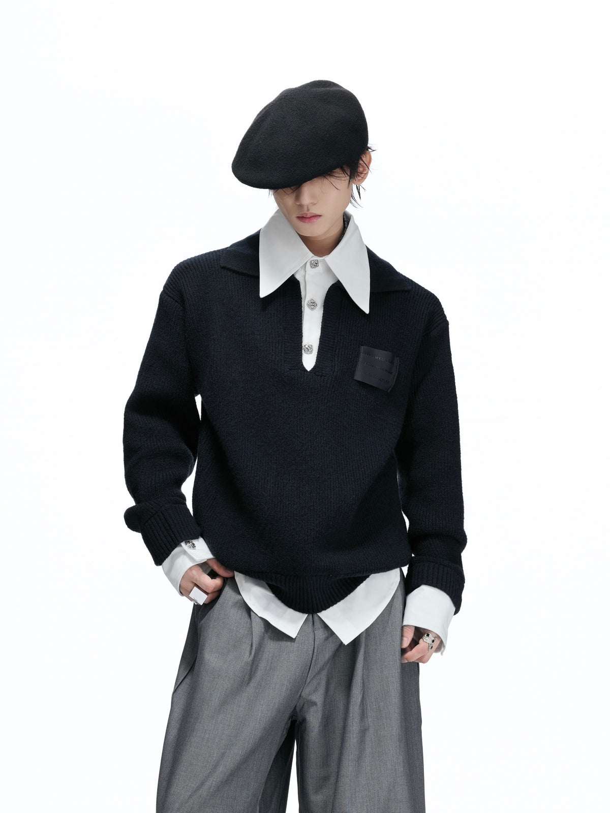 Faux-Layered Contrast Collar Knit Sweater - product image 4