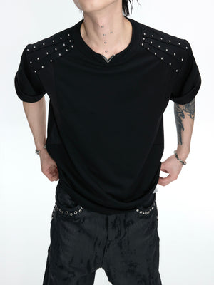 Boxy Black Rivet V-Neck T-Shirt - product image 1