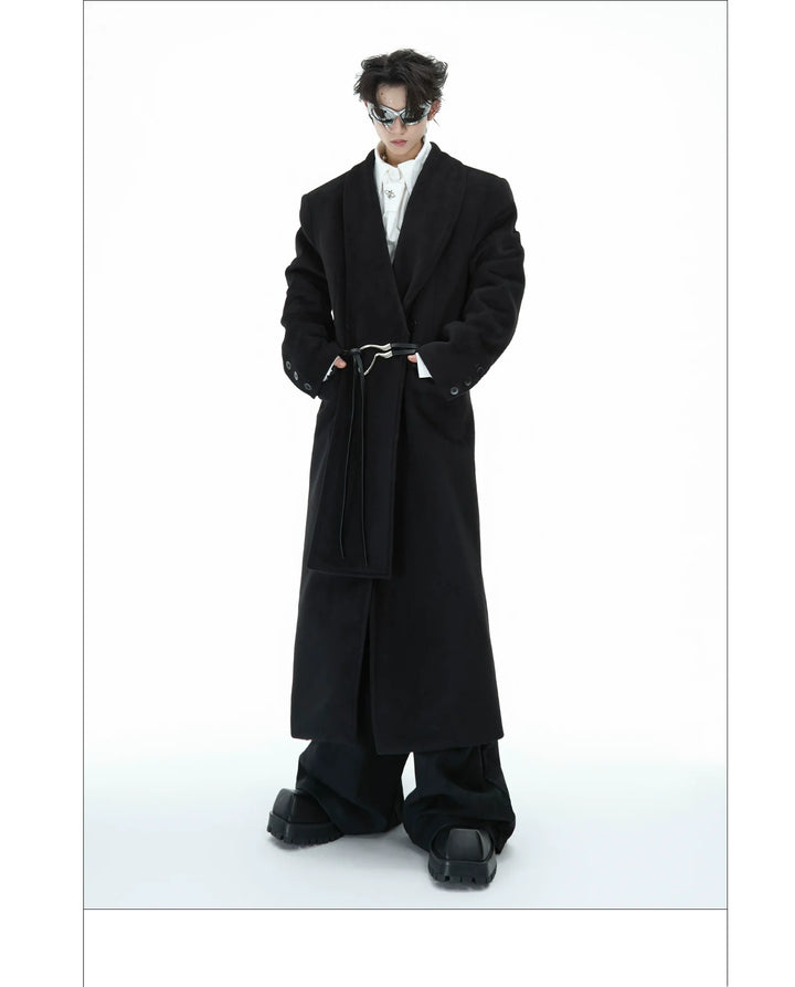 Metal Strap Wool Long Coat with Oversized Scarf Lapel - ArgueCulture