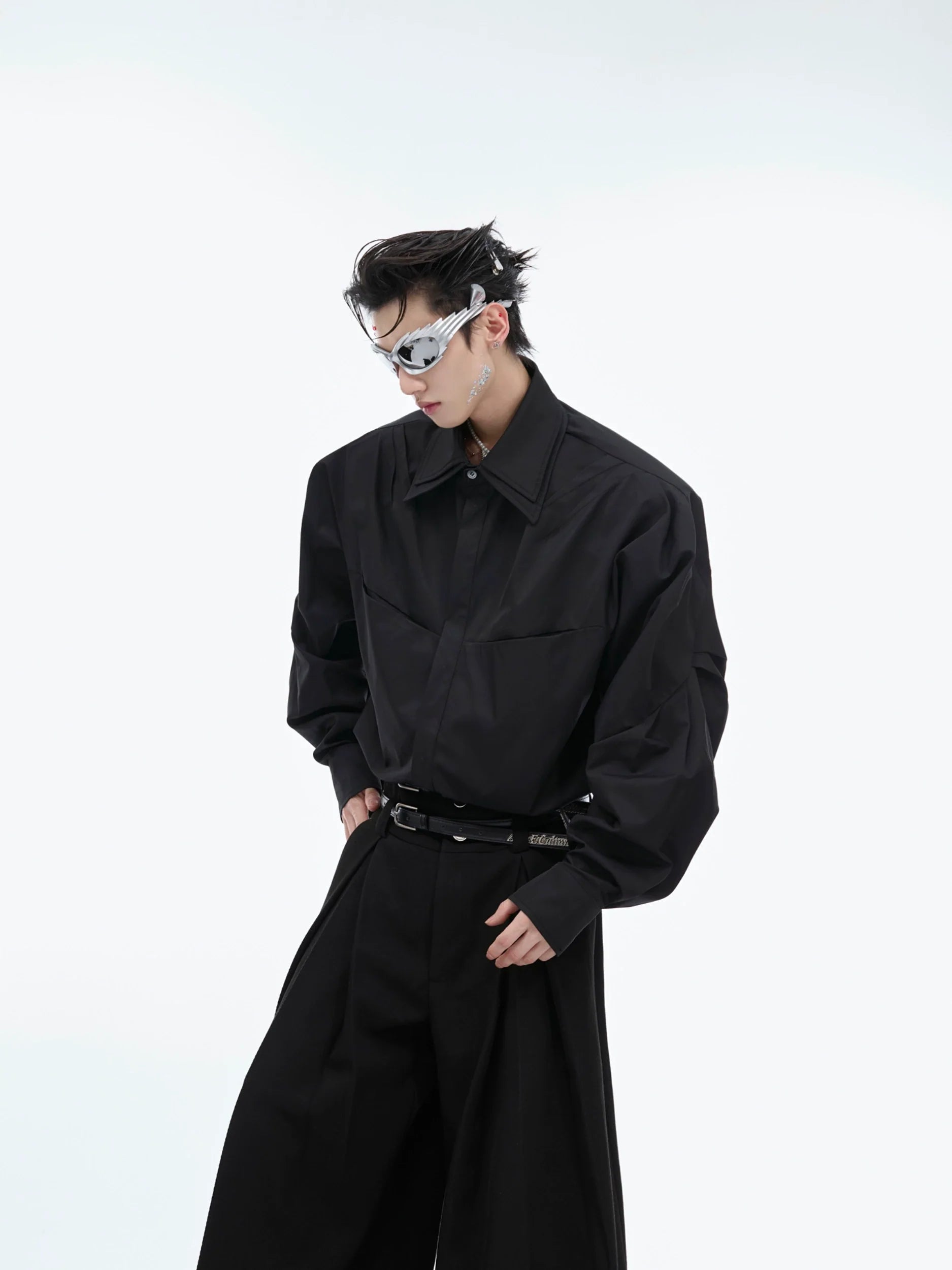 Double-Layer Collar Deconstructed Pleated Design Oversized Shirt - ArgueCulture