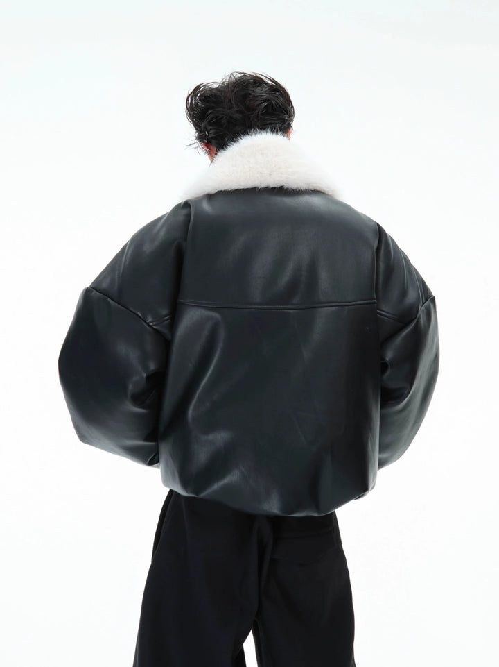 Faux Fur Collar Leather Bomber Jacket with Asymmetrical Design - ArgueCulture