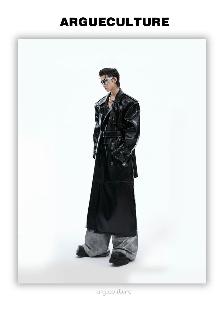 Futuristic Liquid-Look Faux Leather Trench Coat with Shoulder Pads - ArgueCulture