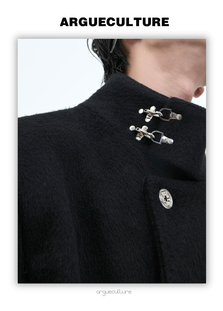 Wool Stand Collar Over Coat with Metal Buckle Accents and Four Pockets - ArgueCulture