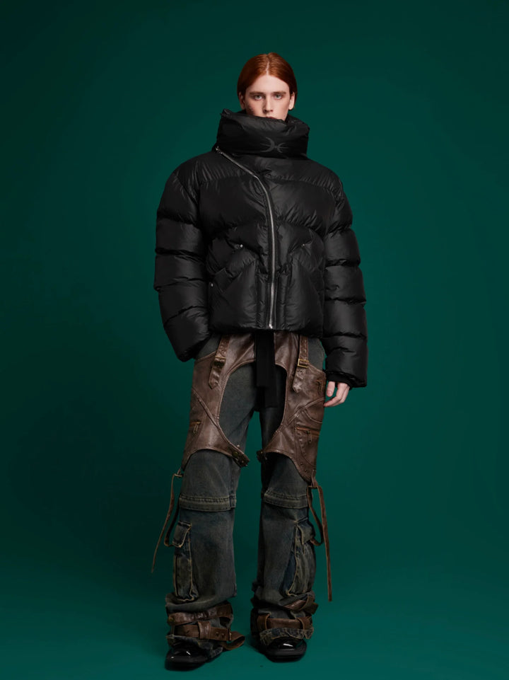 High-Neck Puffer Jacket with Asymmetrical Zipper and Oversized Fit - ArgueCulture