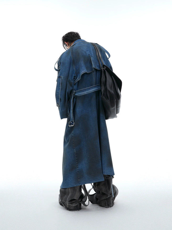 Deconstructed Oversized Denim Trench Coat ¨C Vintage Washed Outerwear - ArgueCulture