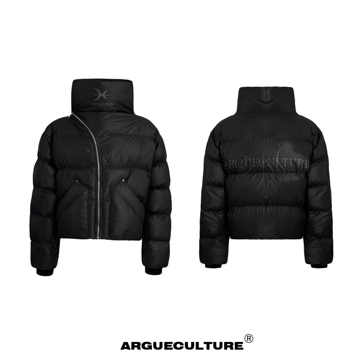 High-Neck Puffer Jacket with Asymmetrical Zipper and Oversized Fit - ArgueCulture