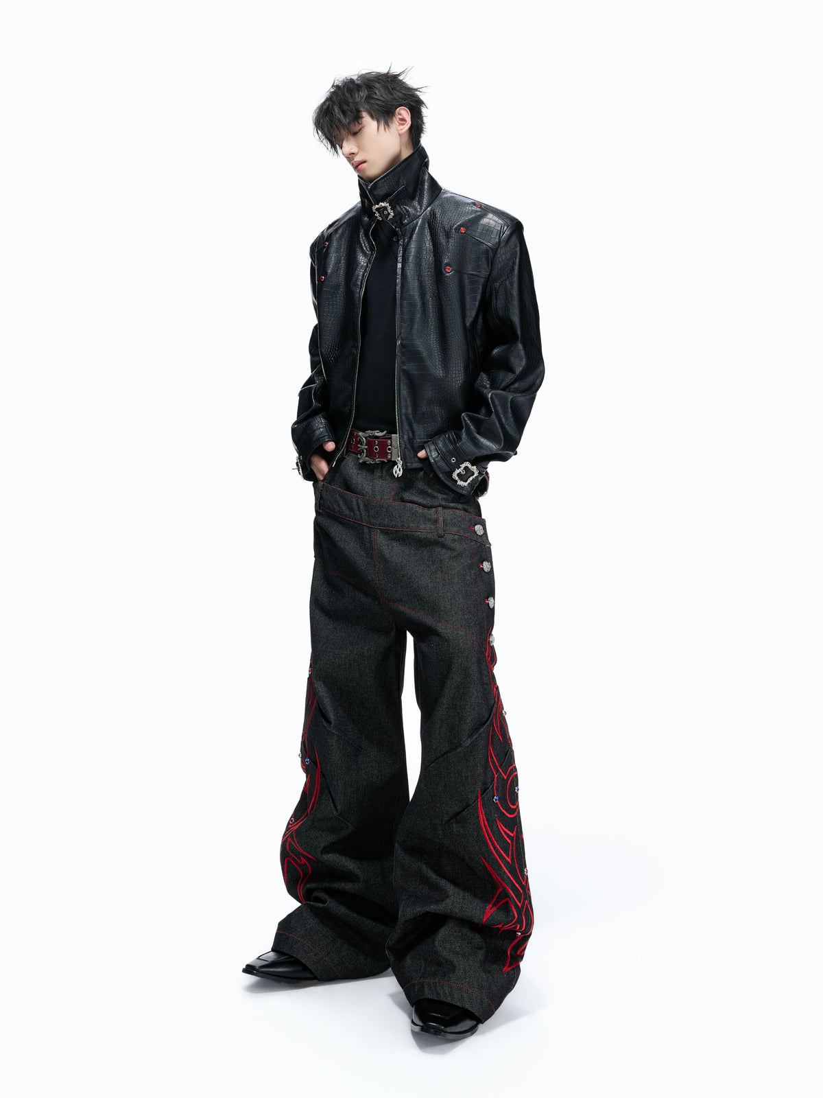 Black Red Dual-Waist Raw Denim Jeans - product image 4