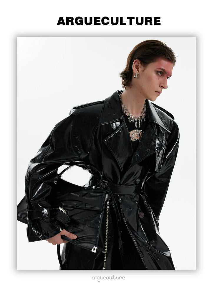 Futuristic Liquid-Look Faux Leather Trench Coat with Shoulder Pads - ArgueCulture