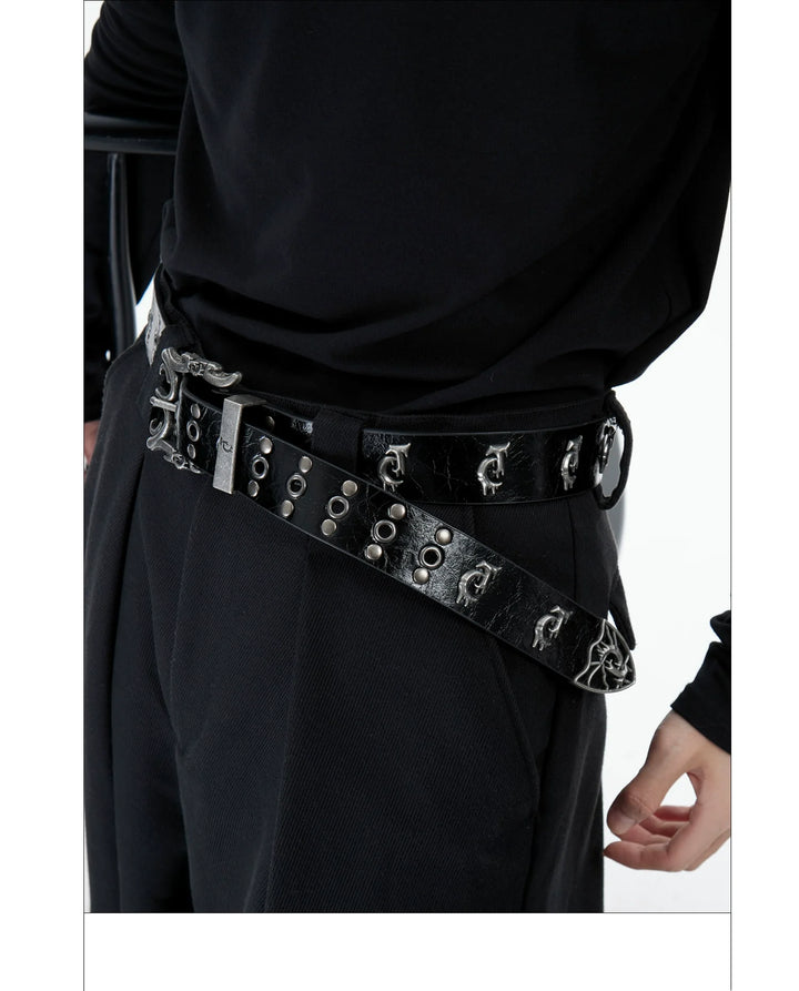 Retro Punk Genuine Leather Belt with Rivet and Metallic Logo - ArgueCulture