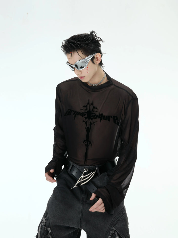 Punk Mesh Long Sleeve Top with See-Through Logo Print – Y2K Streetwear - ArgueCulture