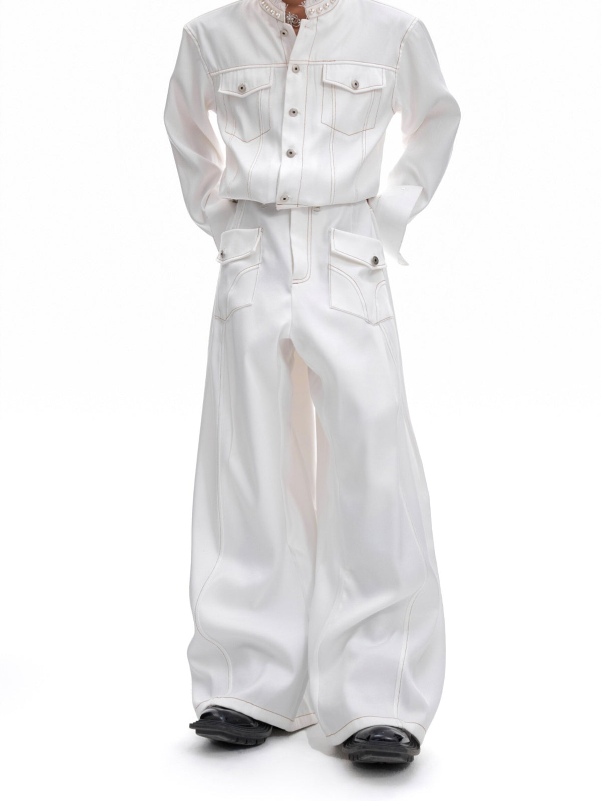 Pearl-Trimmed Collarless Utility Suit - product image 5