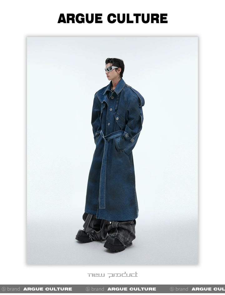 Deconstructed Oversized Denim Trench Coat ¨C Vintage Washed Outerwear - ArgueCulture