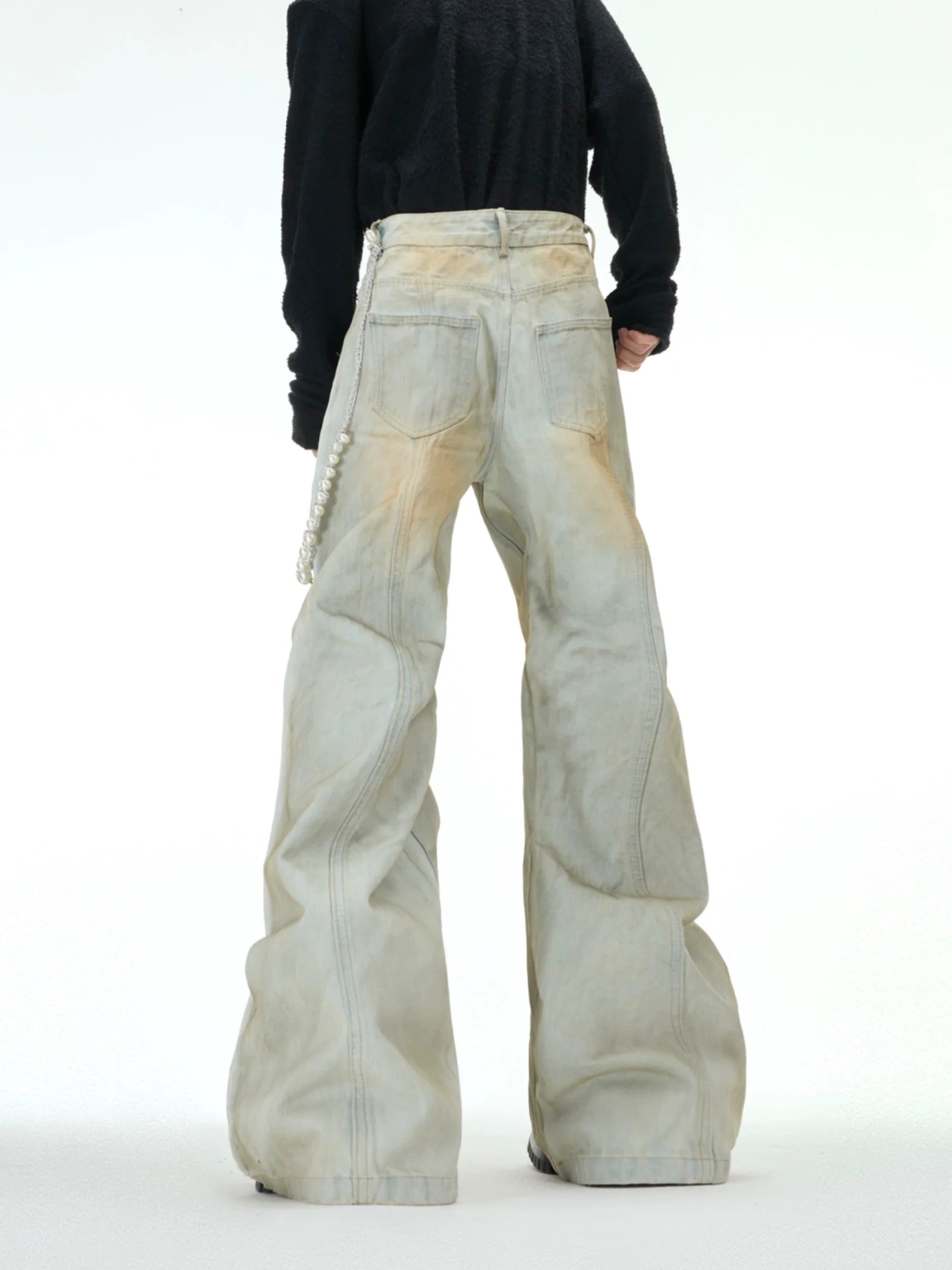 Vintage Pearl-Embellished Flared Jeans ¨C Retro Distressed Denim - ArgueCulture