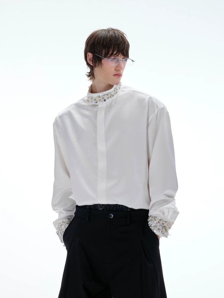 Satin Draped Pearl-Embellished Shirt for Elegant Men & Women - ArgueCulture