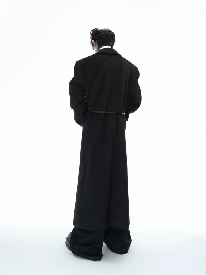 Metal Strap Wool Long Coat with Oversized Scarf Lapel - ArgueCulture