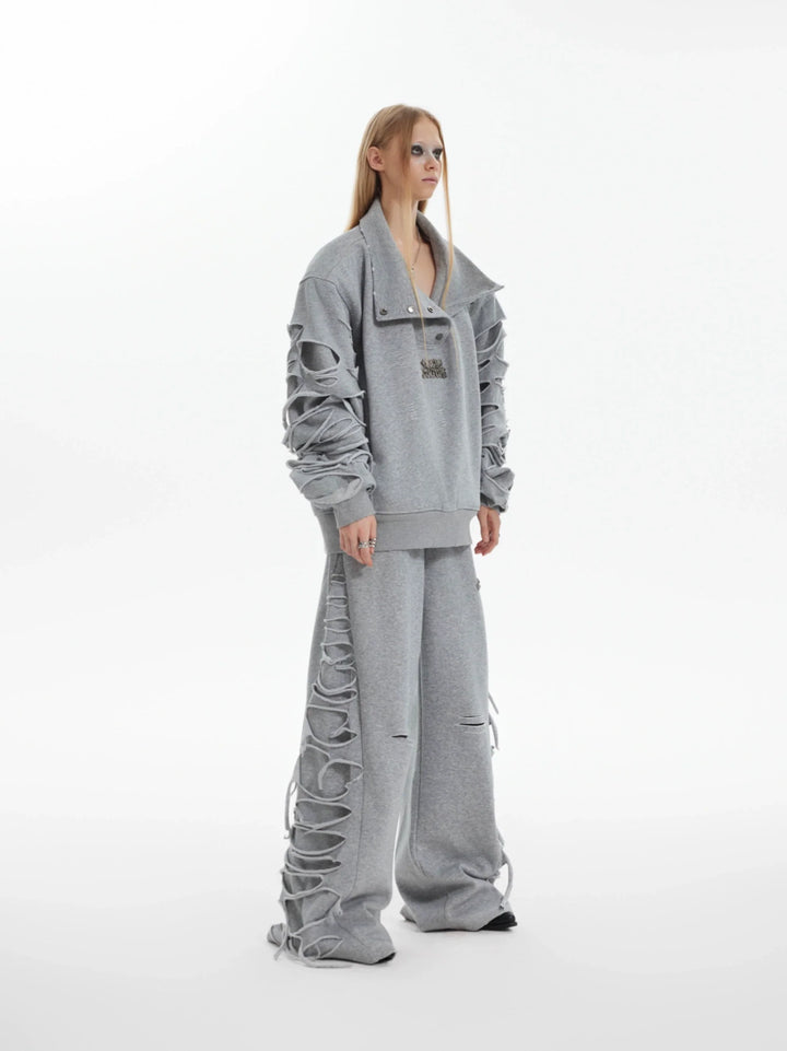 Asymmetrical Cut Fringe Trim Track Suit with Detachable Stand Collar - ArgueCulture