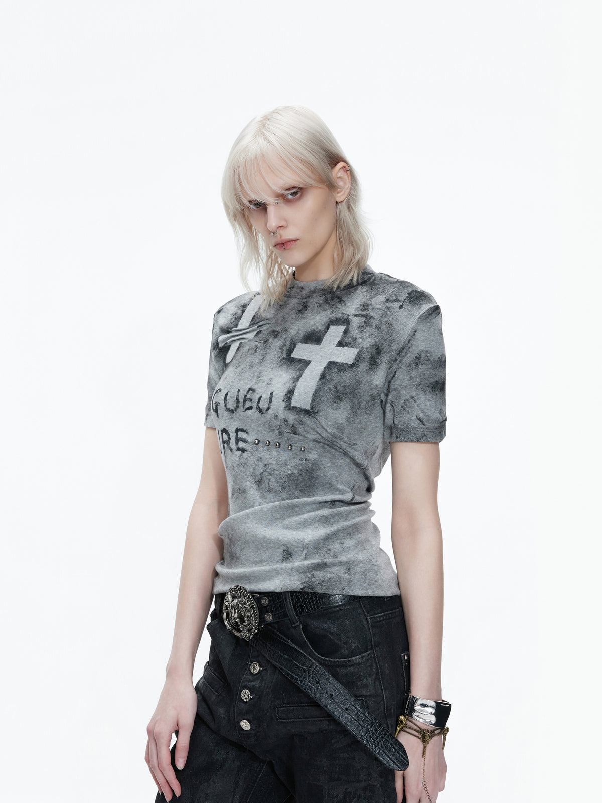Distressed Cross Graphic Fitted T-Shirt - product image 2