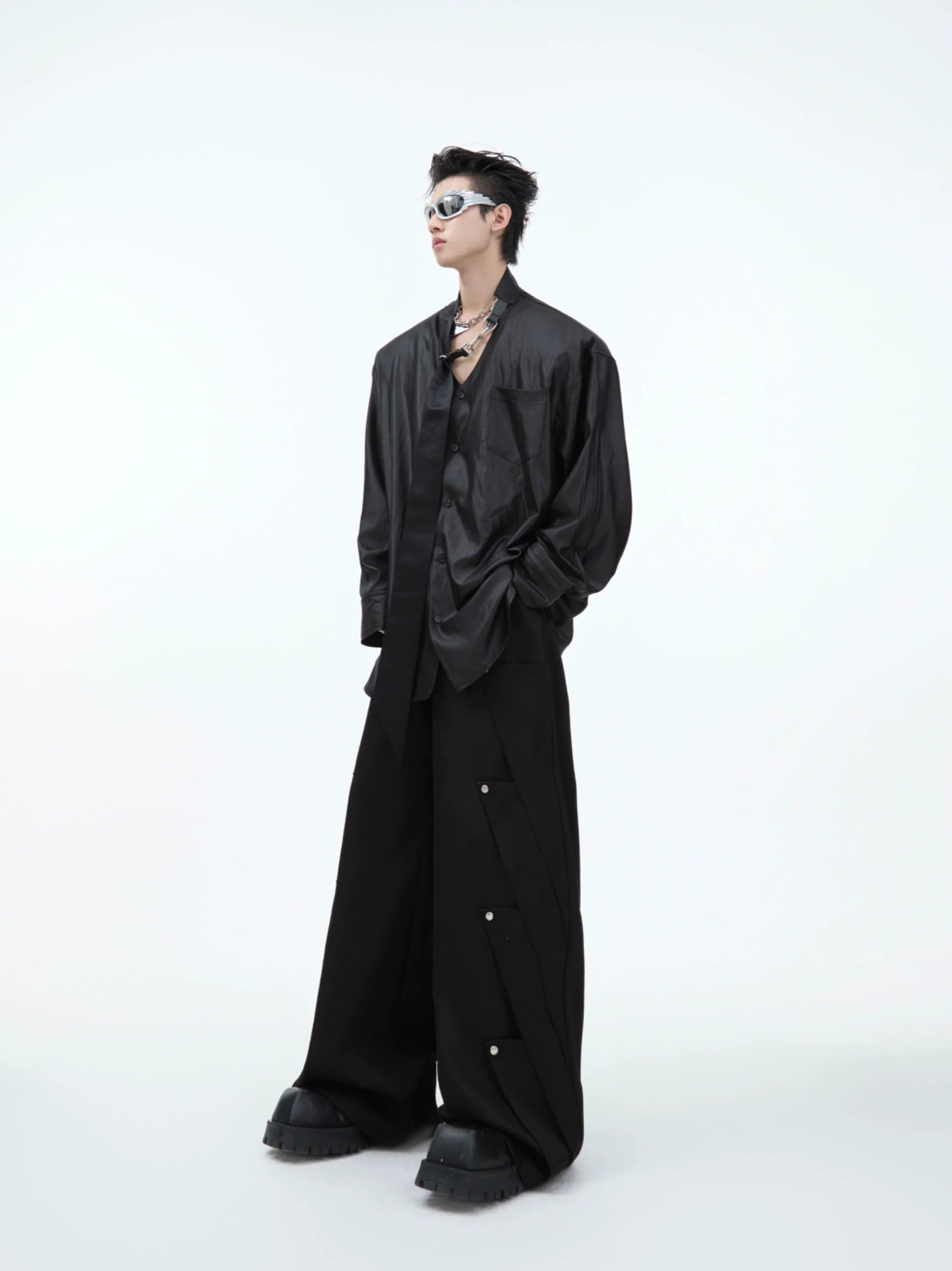 Lustrous Tie-Detailed Shirt ¡§C Modern Elegance with Metallic Accents - ArgueCulture