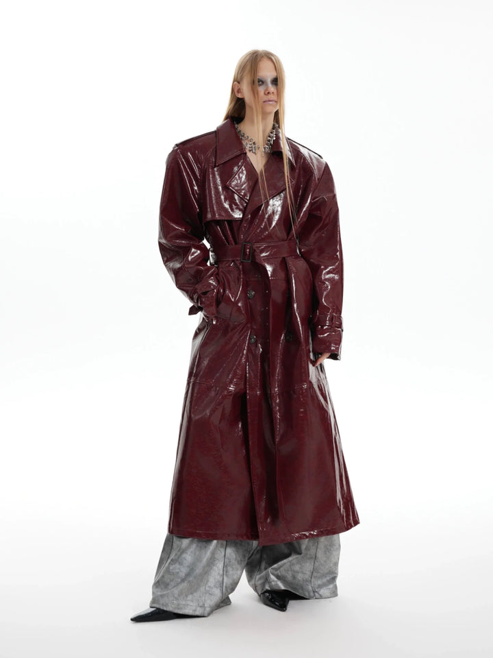 Futuristic Liquid-Look Faux Leather Trench Coat with Shoulder Pads - ArgueCulture