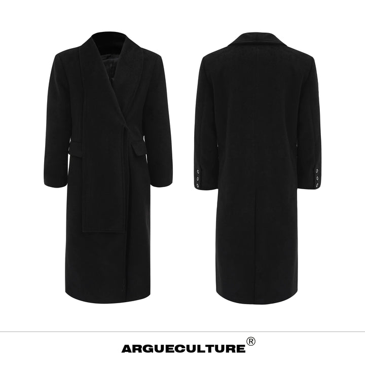 Metal Strap Wool Long Coat with Oversized Scarf Lapel - ArgueCulture