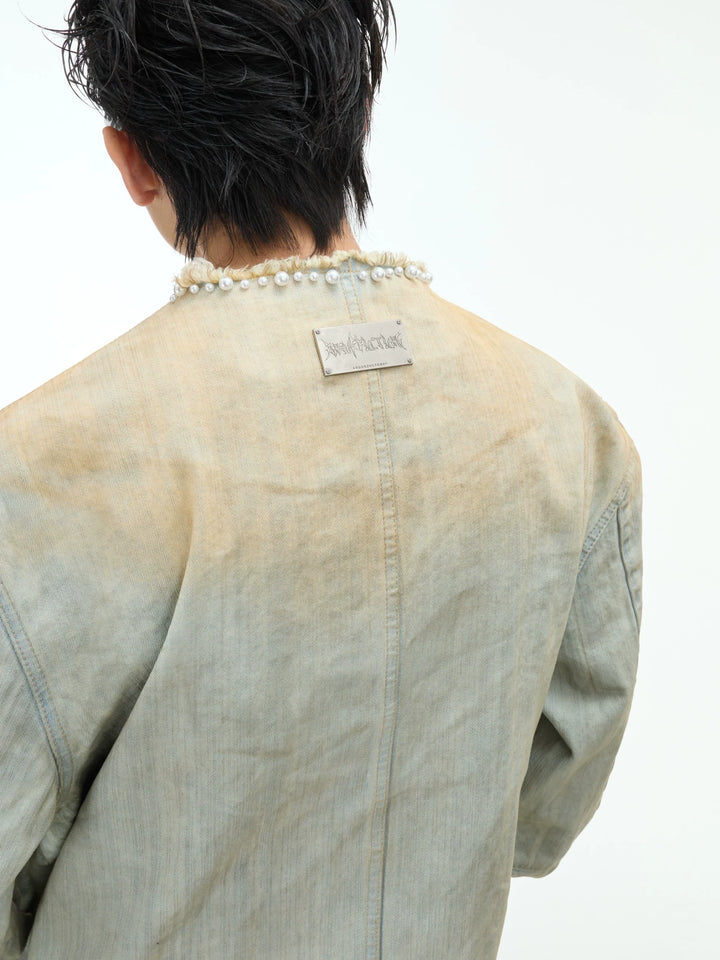 Vintage Washed Denim Jacket with Pearl Embellishments ¨C Streetwear Fashion - ArgueCulture