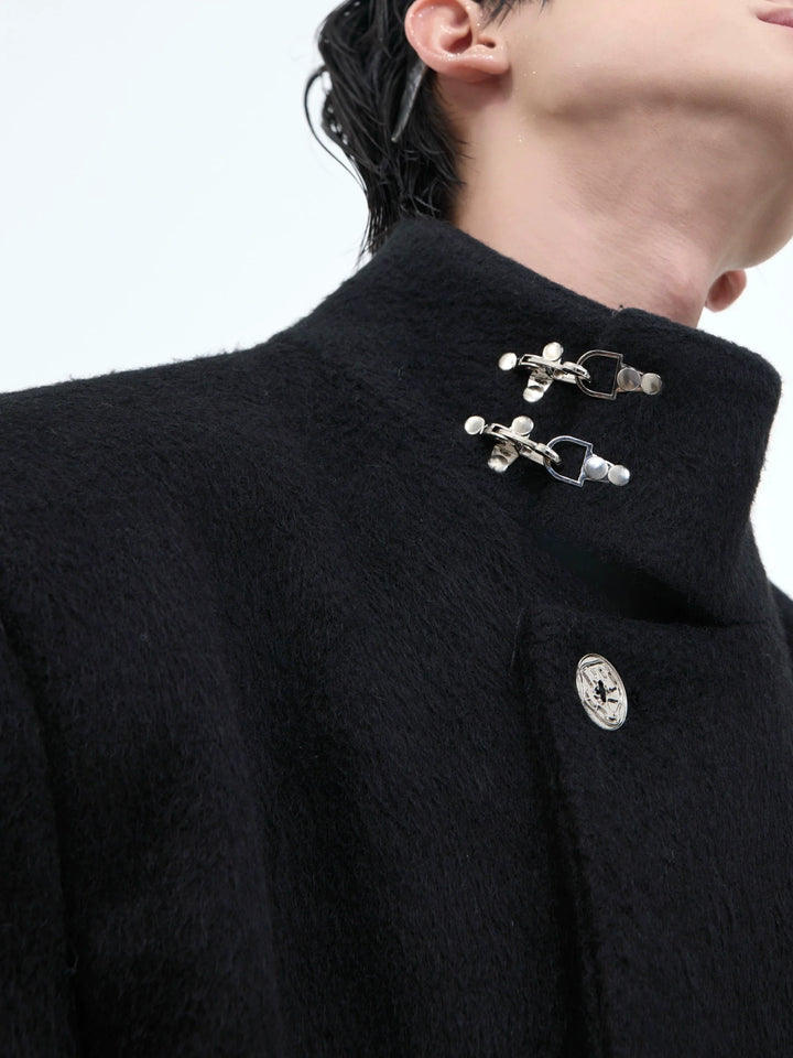 Wool Stand Collar Over Coat with Metal Buckle Accents and Four Pockets - ArgueCulture