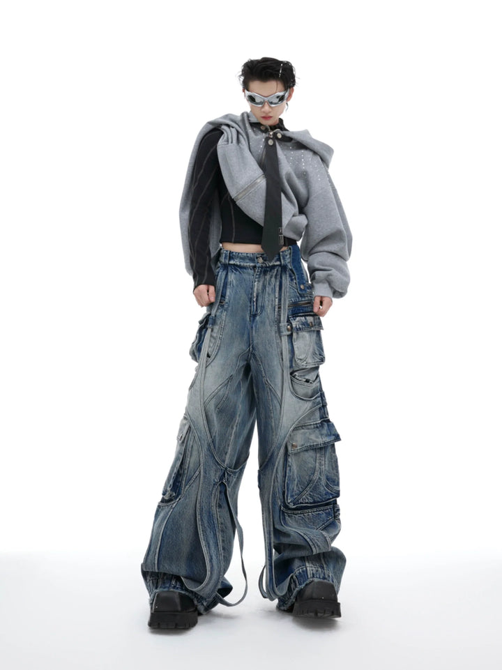 Vintage Washed Wide-Leg Denim Cargo Pants with Strap Details - ArgueCulture