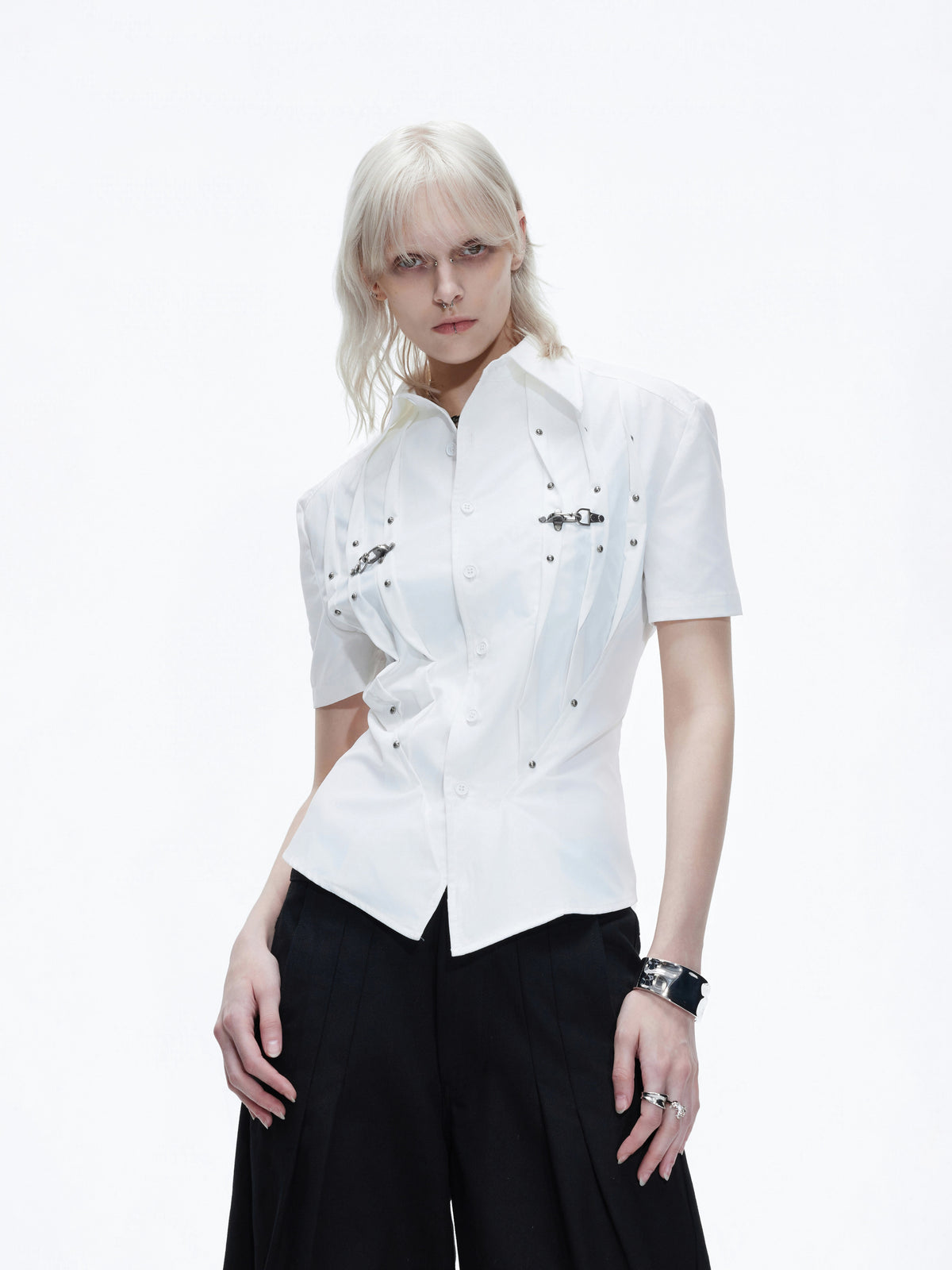 Pleated Waist-Cinched Short-Sleeve Shirt - product image 1