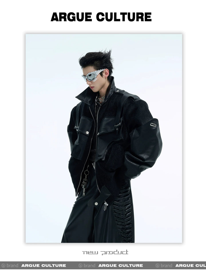 Dual-Fabric Deconstructed PU Leather & Plush Short Bomber Jacket - ArgueCulture