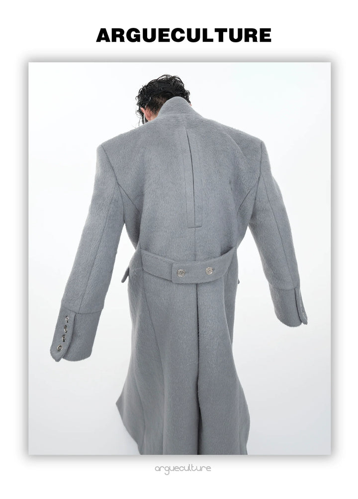 Wool Stand Collar Over Coat with Metal Buckle Accents and Four Pockets - ArgueCulture