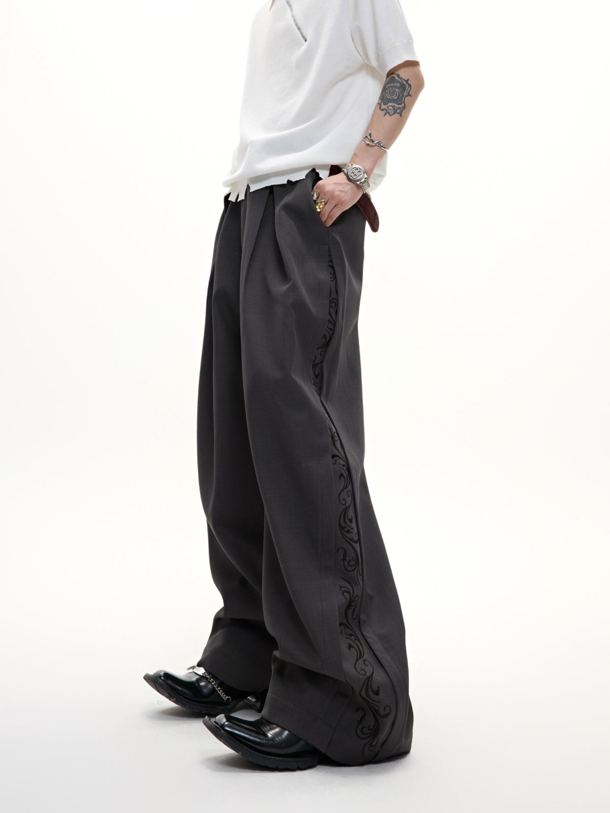 Embroidered Pleated Wide-Leg Trousers - product image 1