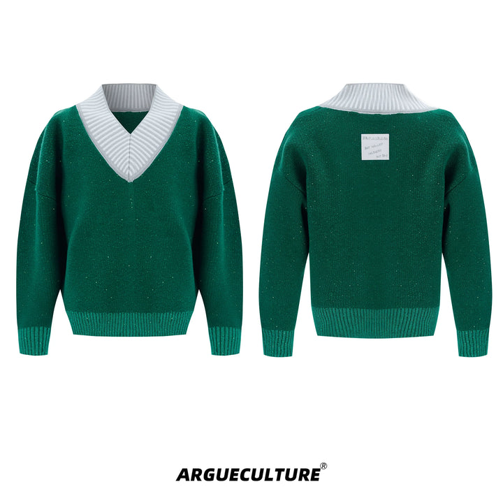 V-Neck Knit Sweater with Contrast Stitching and Leather Logo - ArgueCulture