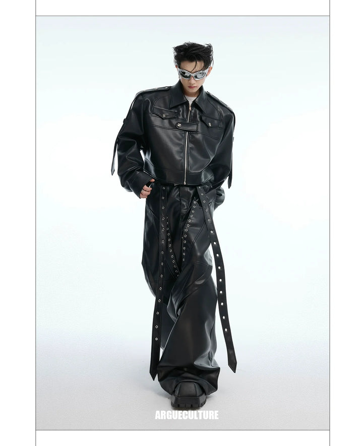 Deconstructed Punk Rivet PU Leather Wide-Leg Pants - ArgueCulture