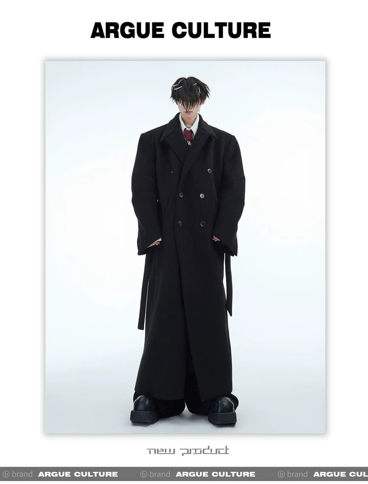 Double-Breasted Wool Coat with Belt Design & Elegant Tailoring - ArgueCulture