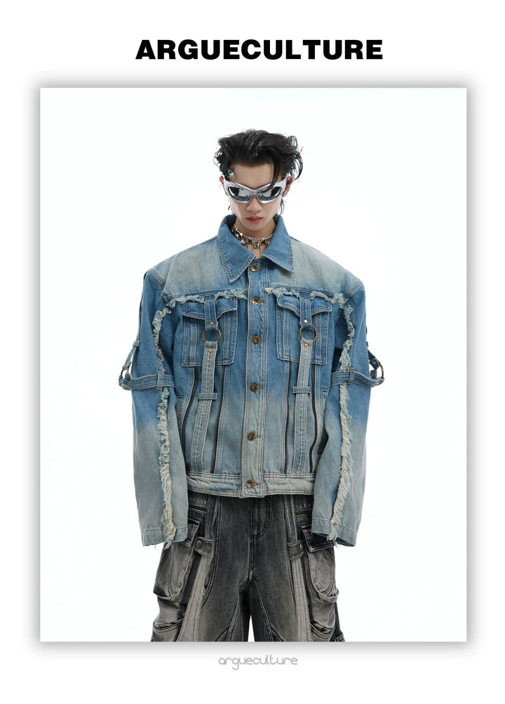 Vintage Distressed Denim Jacket with Fringe and Gradient Wash - ArgueCulture