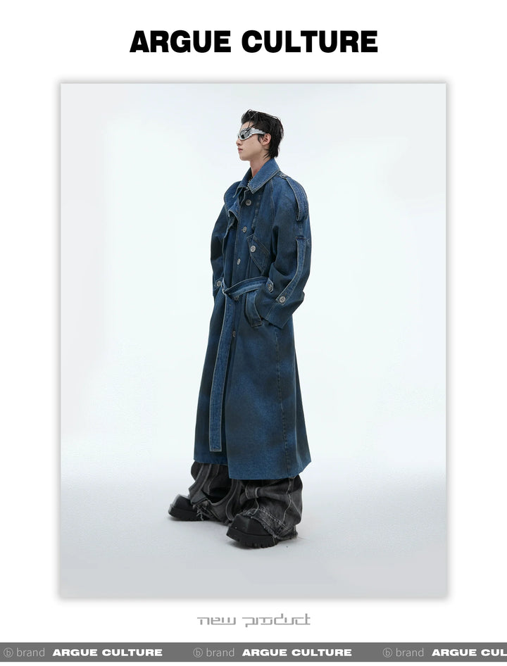 Deconstructed Oversized Denim Trench Coat ¨C Vintage Washed Outerwear - ArgueCulture